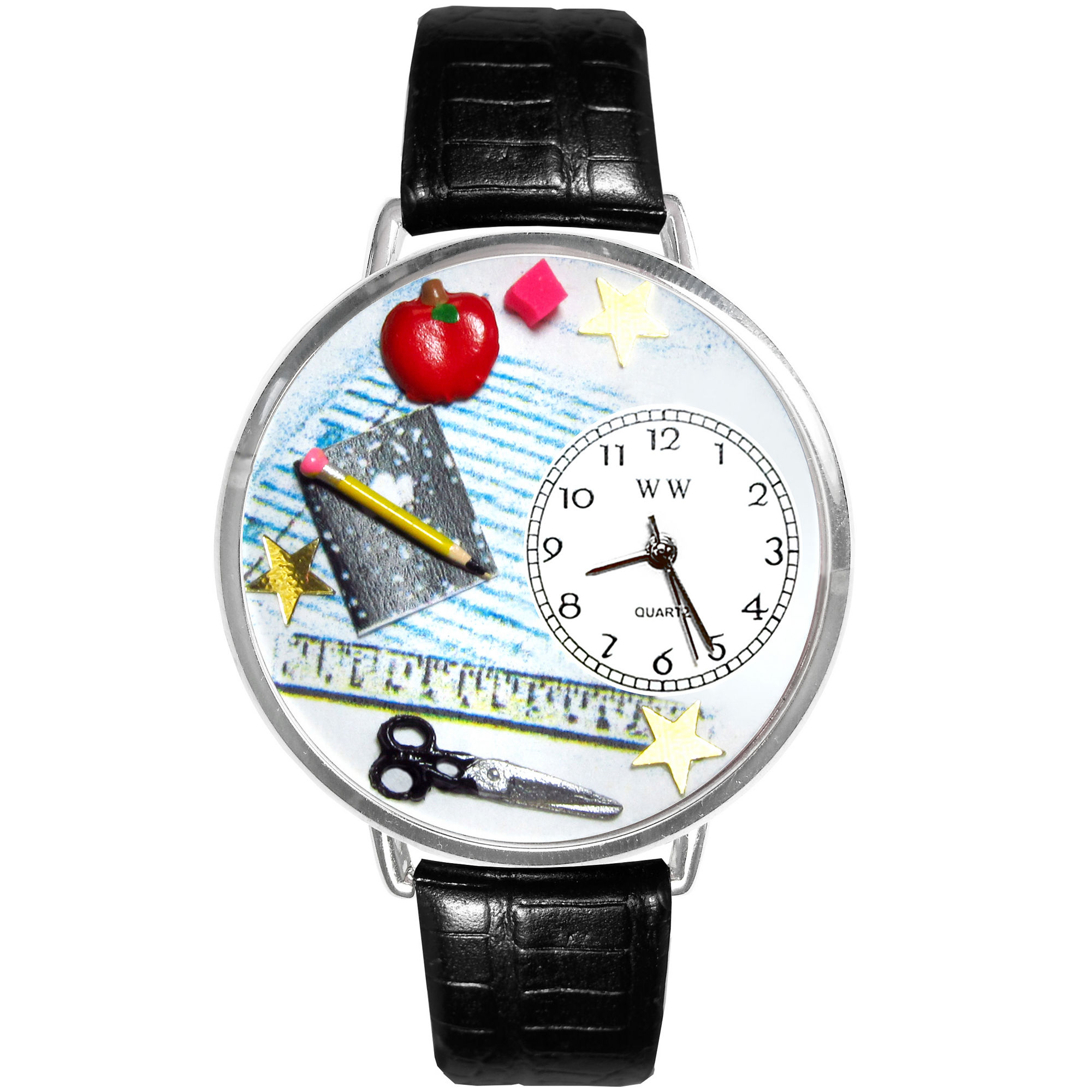 Whimsical Watches Personalized Teacher Womens Silver-Tone Bezel Black Leather Strap Watch
