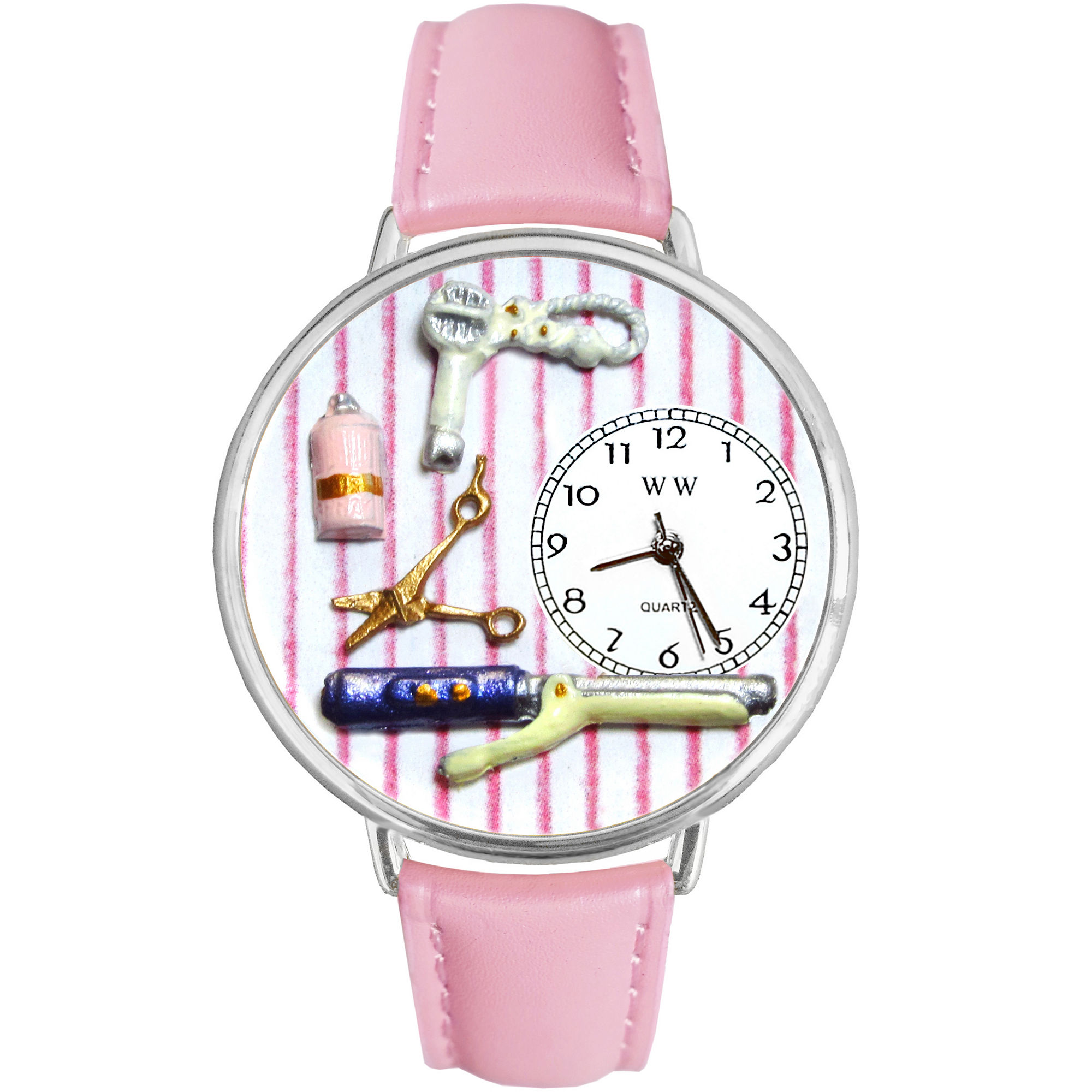 Whimsical Watches Personalized Beautician Womens Silver-Tone Bezel Pink Leather Strap Watch