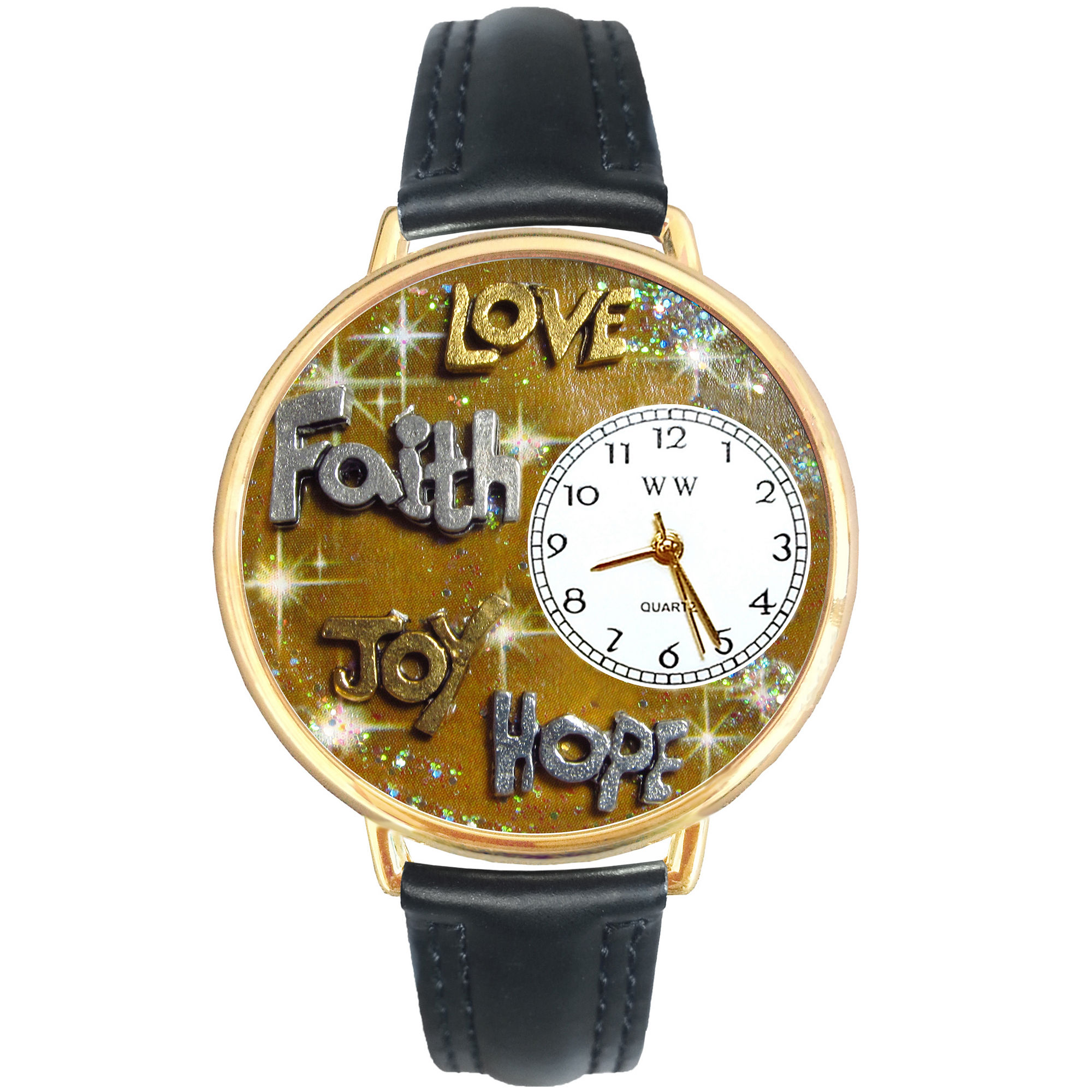 Whimsical Watches Personalized Faith and Love Womens Gold-Tone Bezel Black Leather Strap Watch