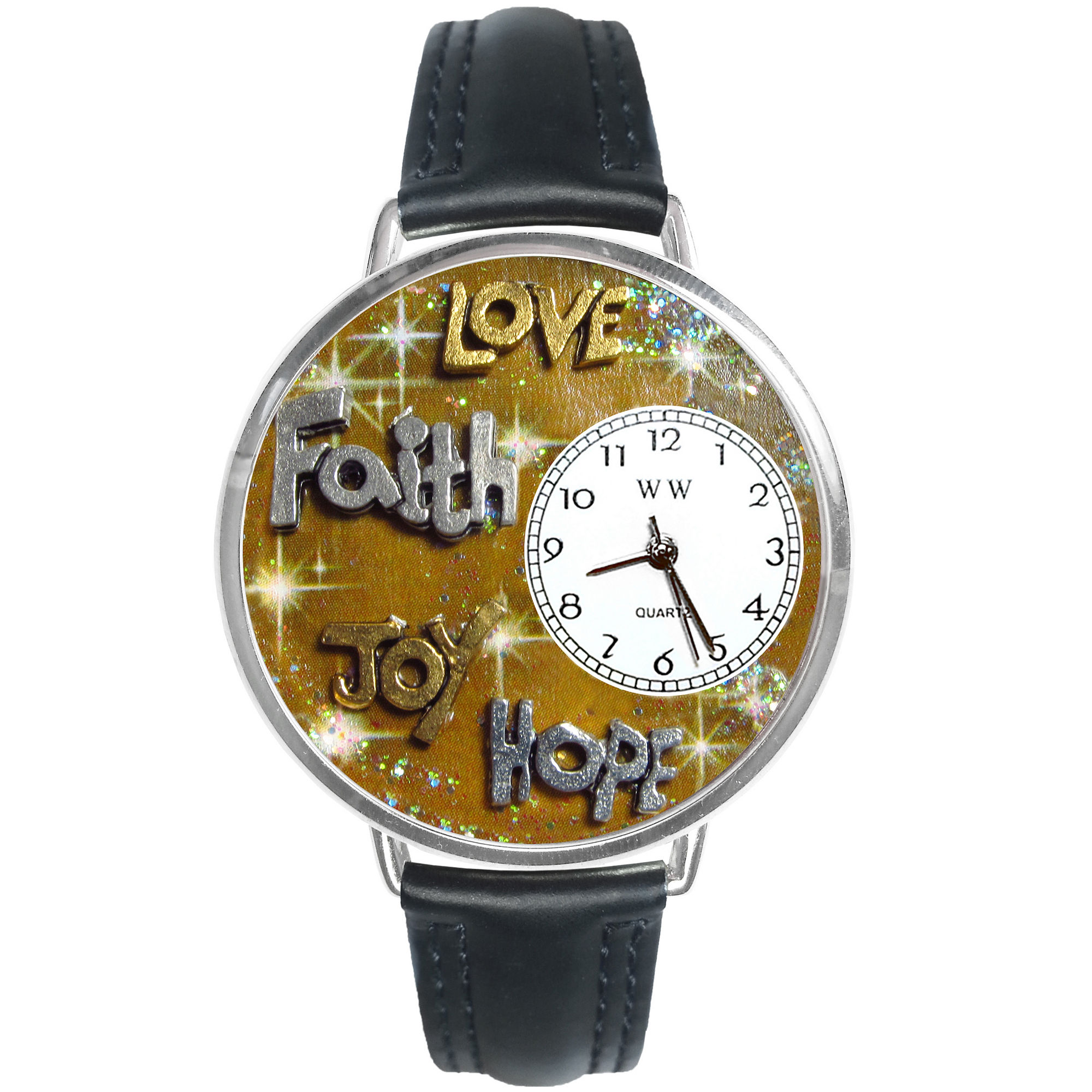 Whimsical Watches Personalized Faith and Love Womens Silver-Tone Bezel Black Leather Strap Watch