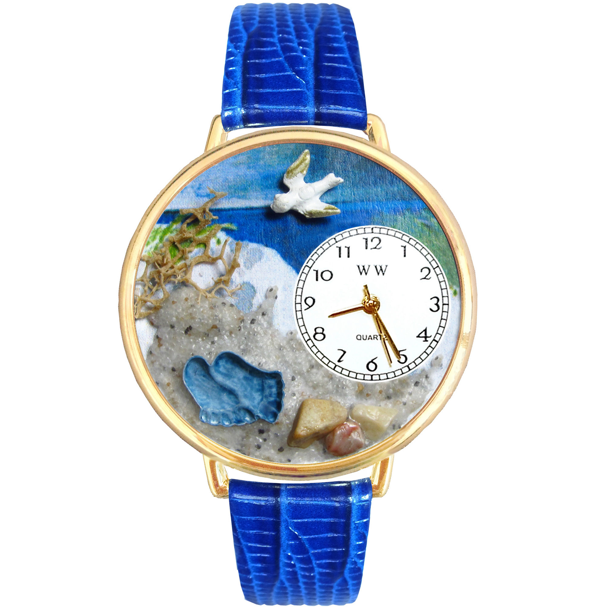 Whimsical Watches Personalized Footprints Womens Gold-Tone Bezel Blue Leather Strap Watch