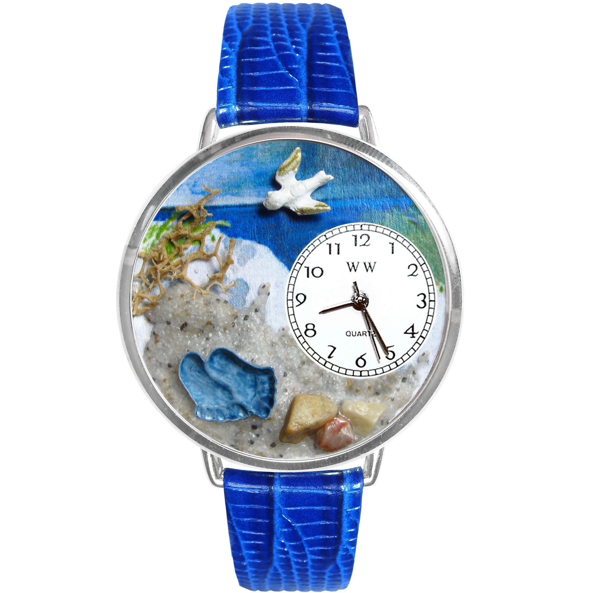 Whimsical Watches Personalized Footprints Womens Silver-Tone Bezel Blue Leather Strap Watch