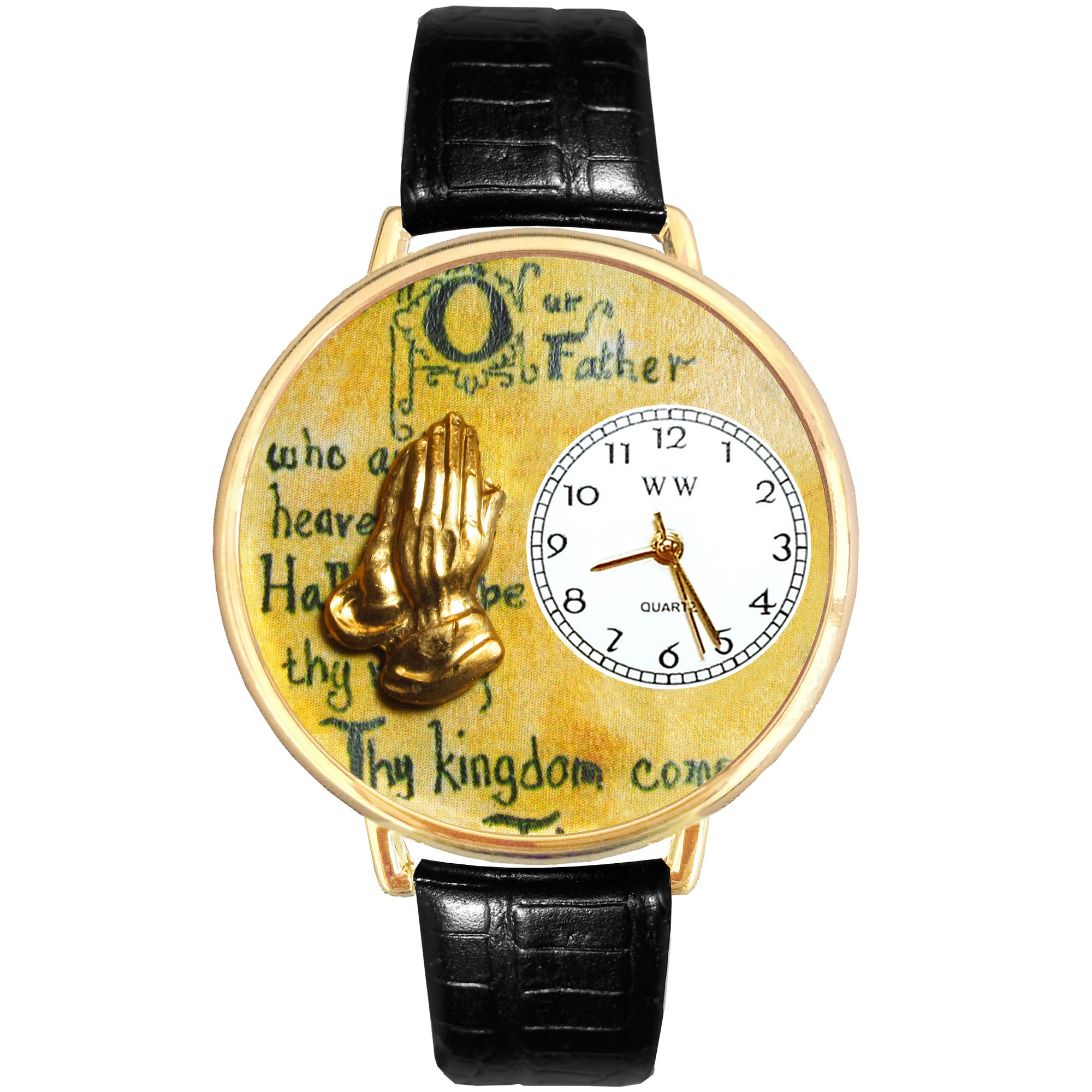 Whimsical Watches Personalized Lords Prayer Womens Gold-Tone Bezel Black Leather Strap Watch