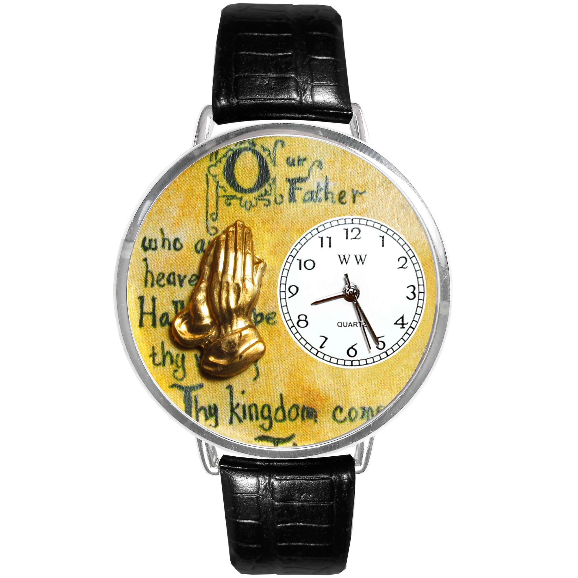 Whimsical Watches Personalized Lords Prayer Womens Silver-Tone Bezel Black Leather Strap Watch