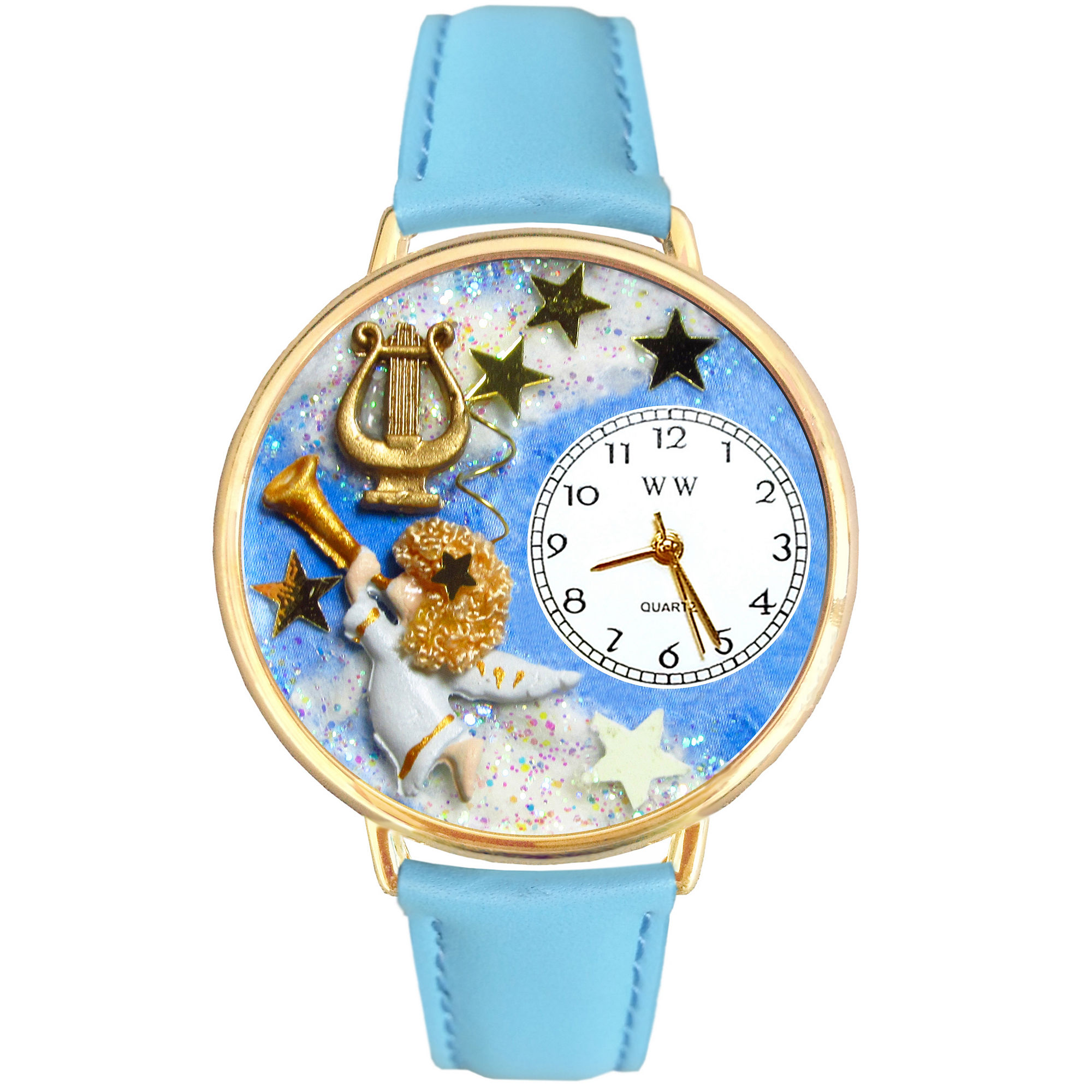 Whimsical Watches Personalized Angel Womens Gold-Tone Bezel Light Blue Leather Strap Watch