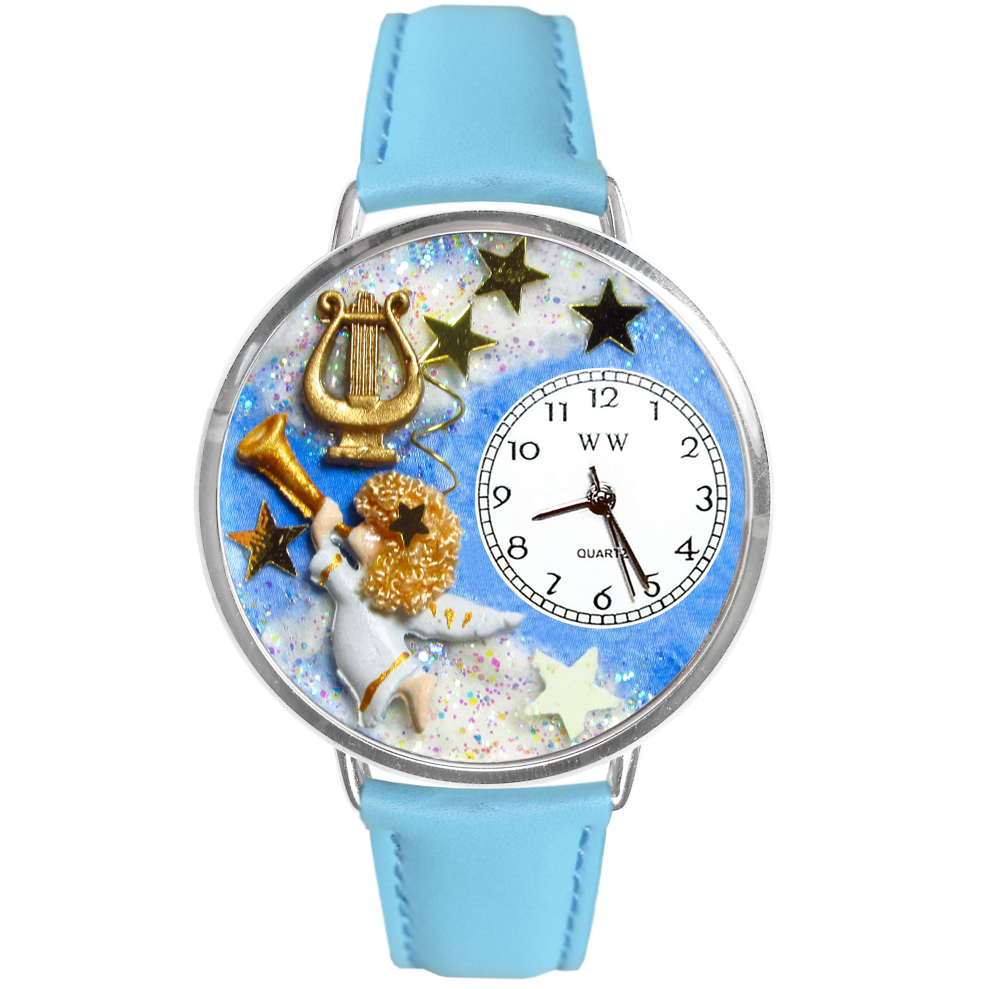 Whimsical Watches Personalized Angel Womens Silver-Tone Bezel Light Blue Leather Strap Watch