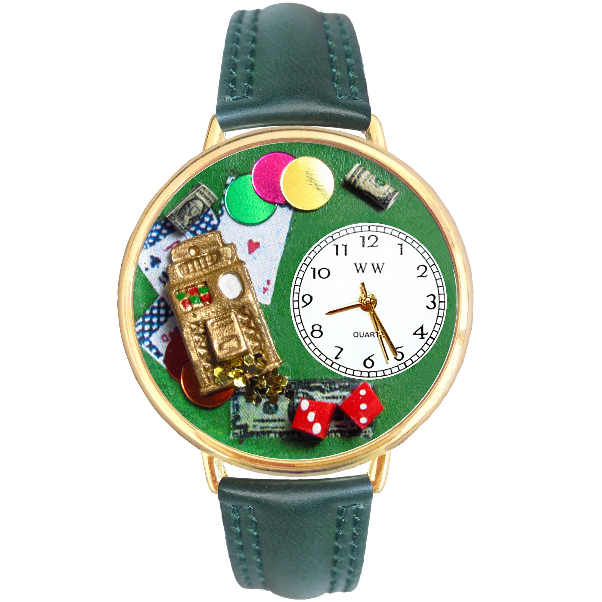 Whimsical Watches Personalized Casino Womens Gold-Tone Bezel Green Leather Strap Watch