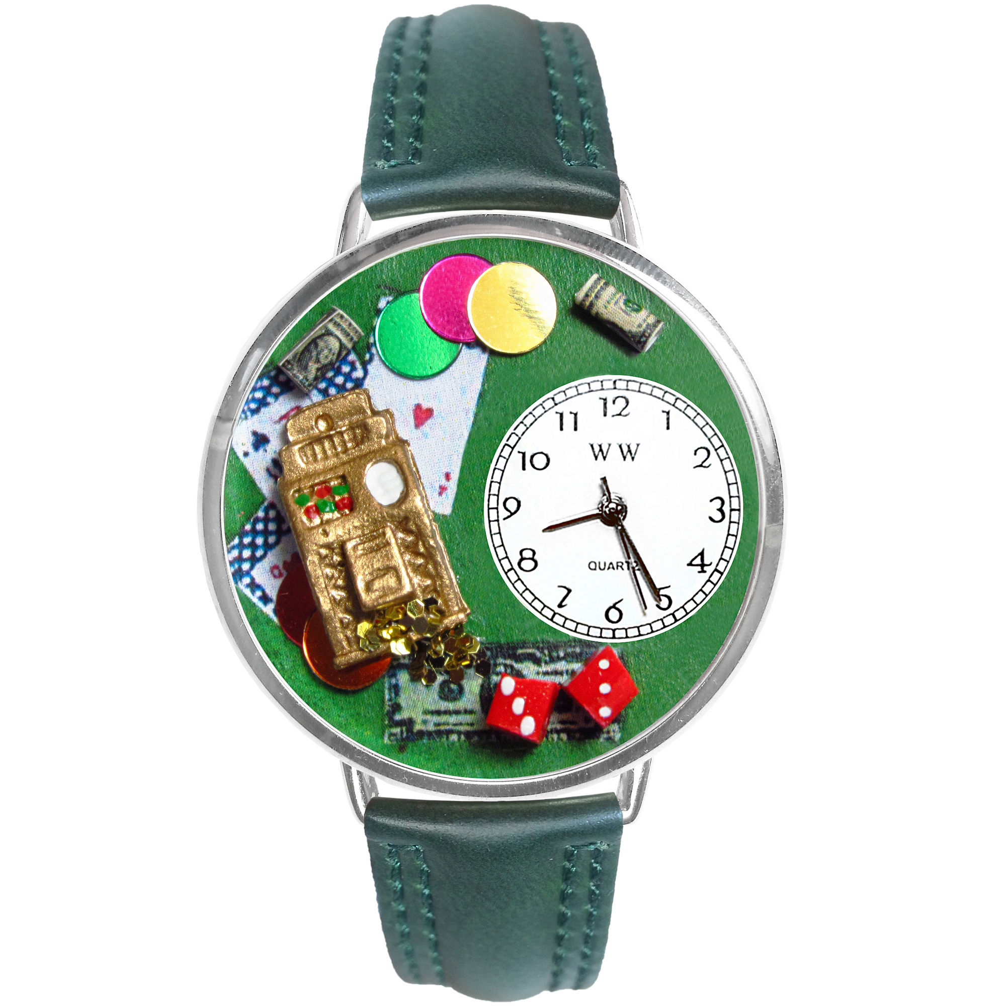 Whimsical Watches Personalized Casino Womens Silver-Tone Bezel Green Leather Strap Watch