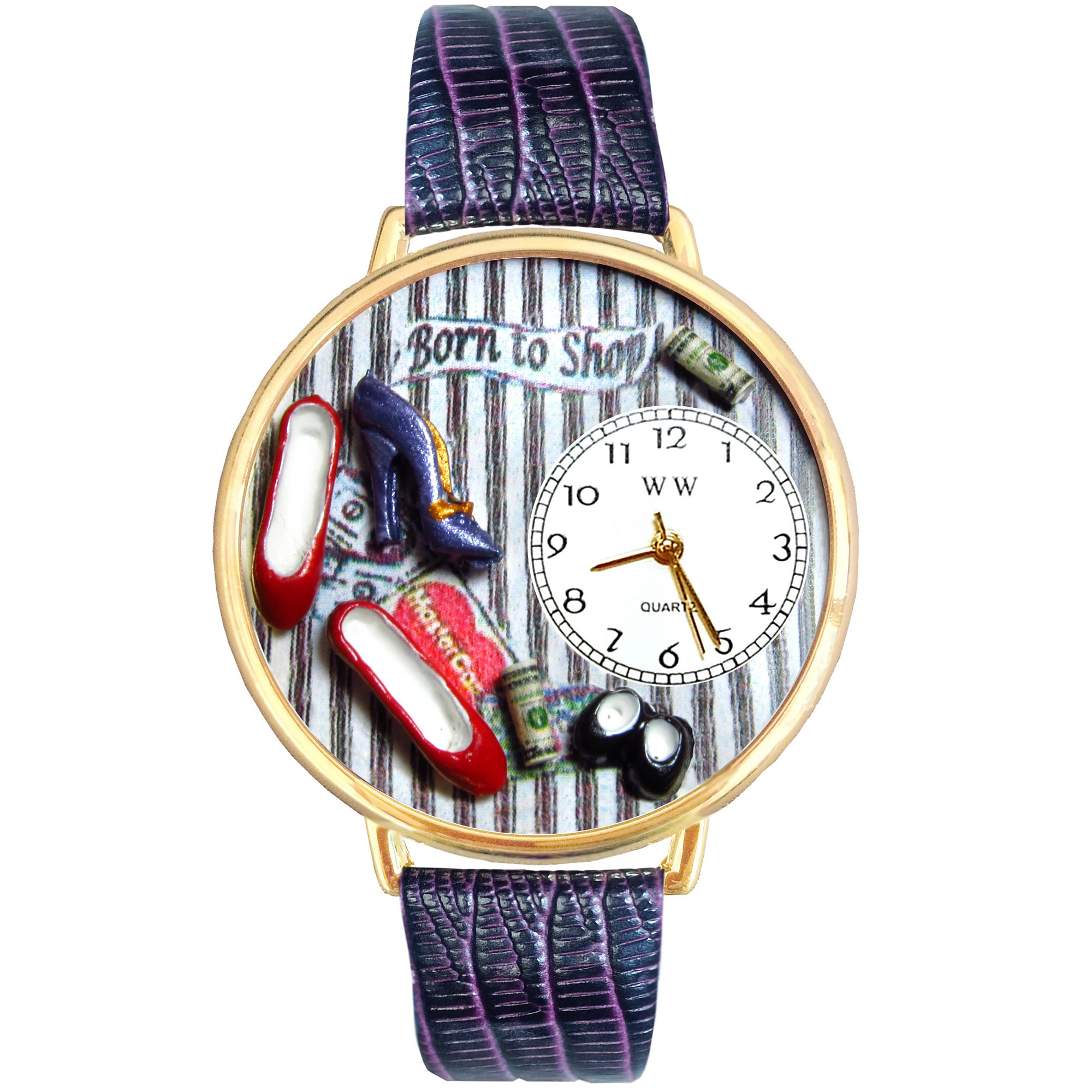 Whimsical Watches Personalized Shoe Lover Womens Gold-Tone Bezel Purple Leather Strap Watch