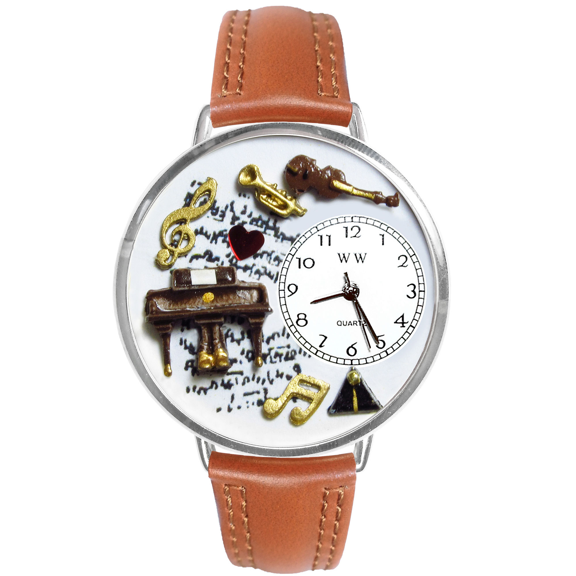 Whimsical Watches Personalized Piano Music Womens Silver-Tone Bezel Tan Leather Strap Watch