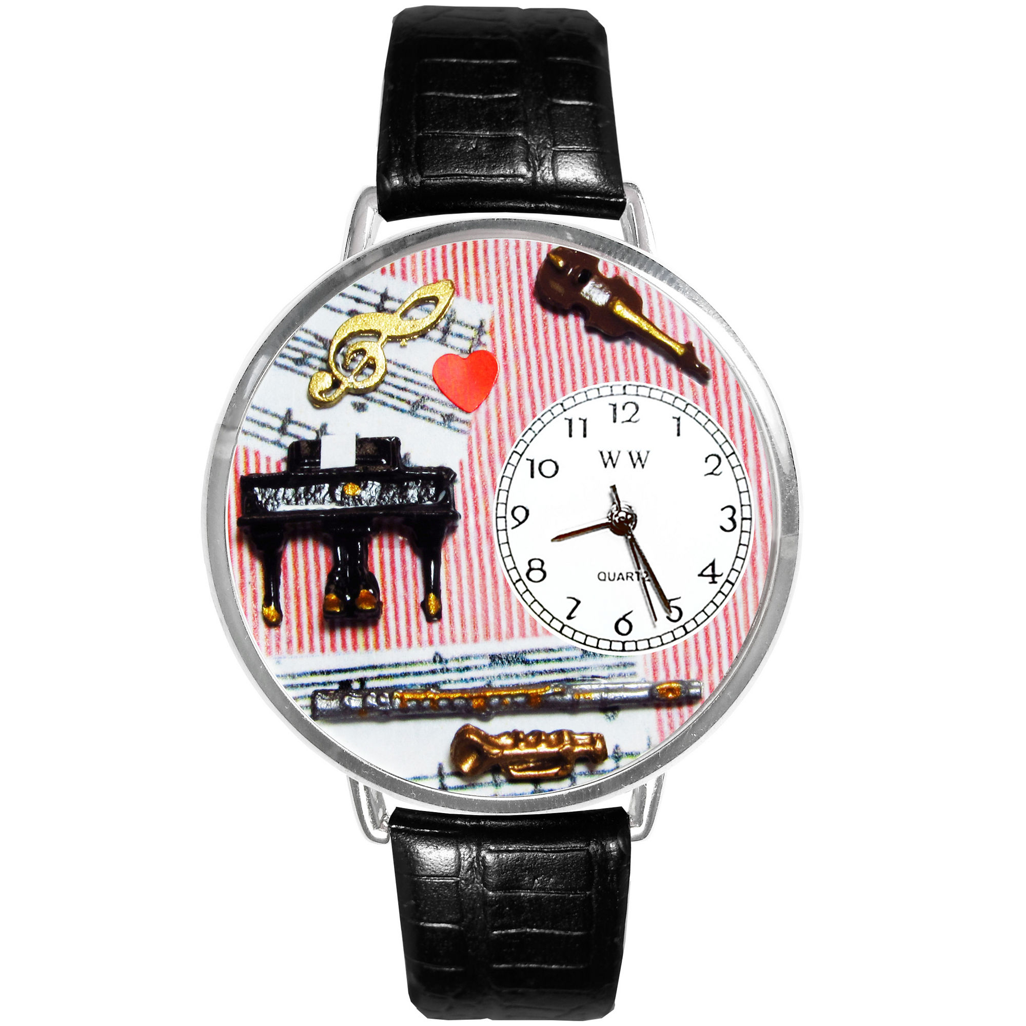 Whimsical Watches Personalized Music Teacher Womens Silver-Tone Bezel Black Leather Strap Watch