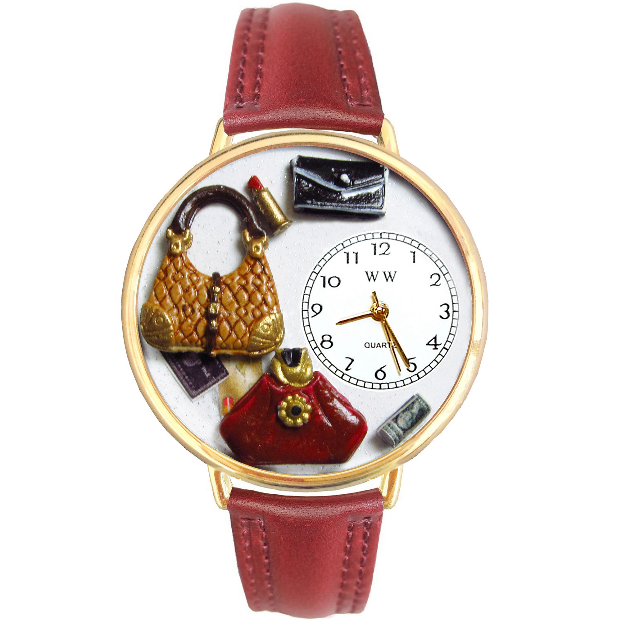 Whimsical Watches Personalized Purse Lover Womens Gold-Tone Bezel Red Leather Strap Watch