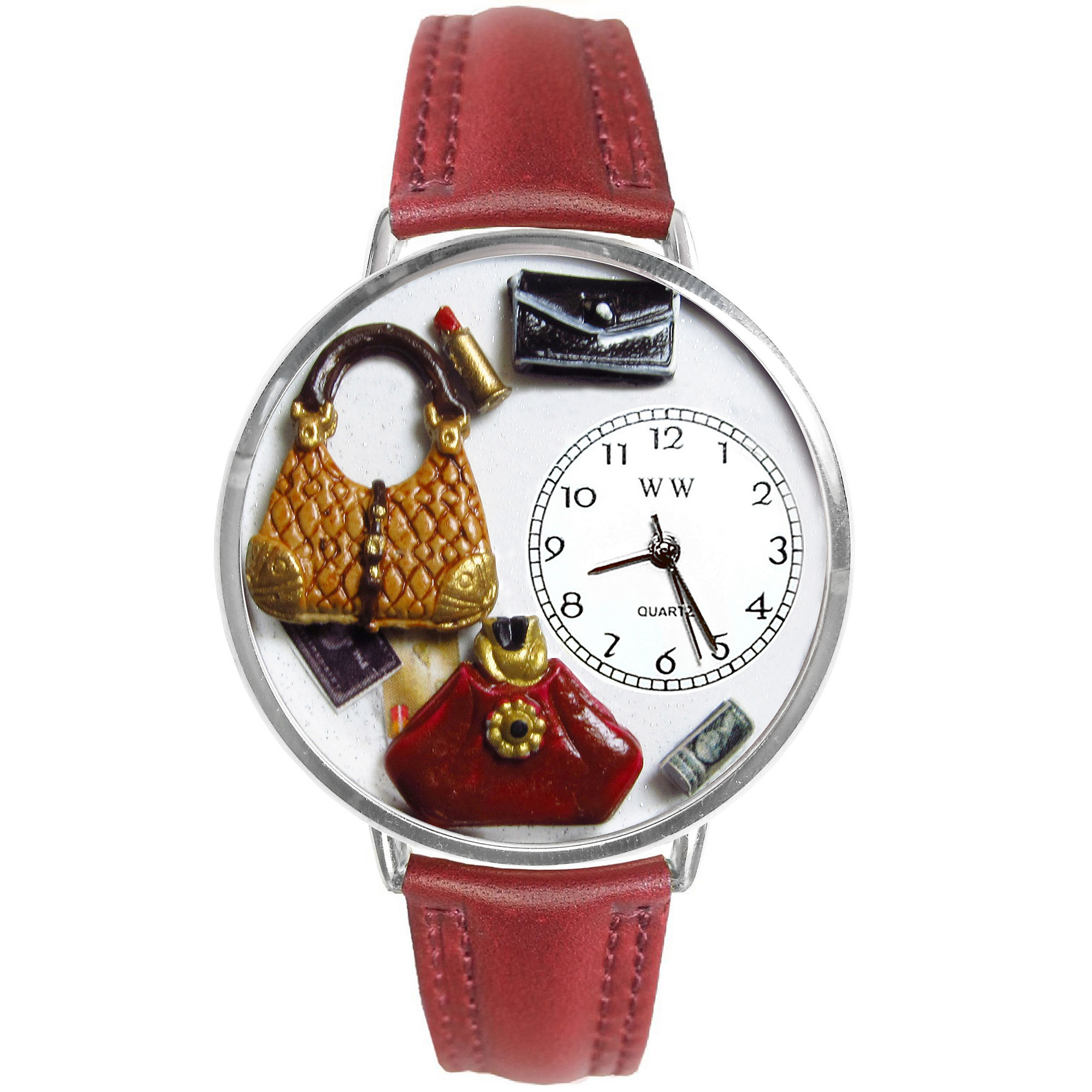 Whimsical Watches Personalized Purse Lover Womens Silver-Tone Bezel Red Leather Strap Watch