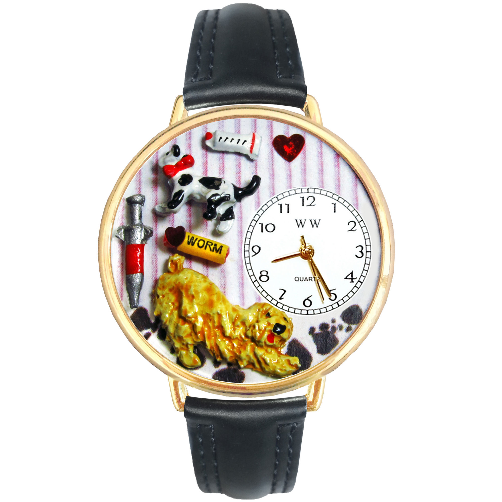 Whimsical Watches Personalized Veterinarian Womens Gold-Tone Bezel Black Leather Strap Watch
