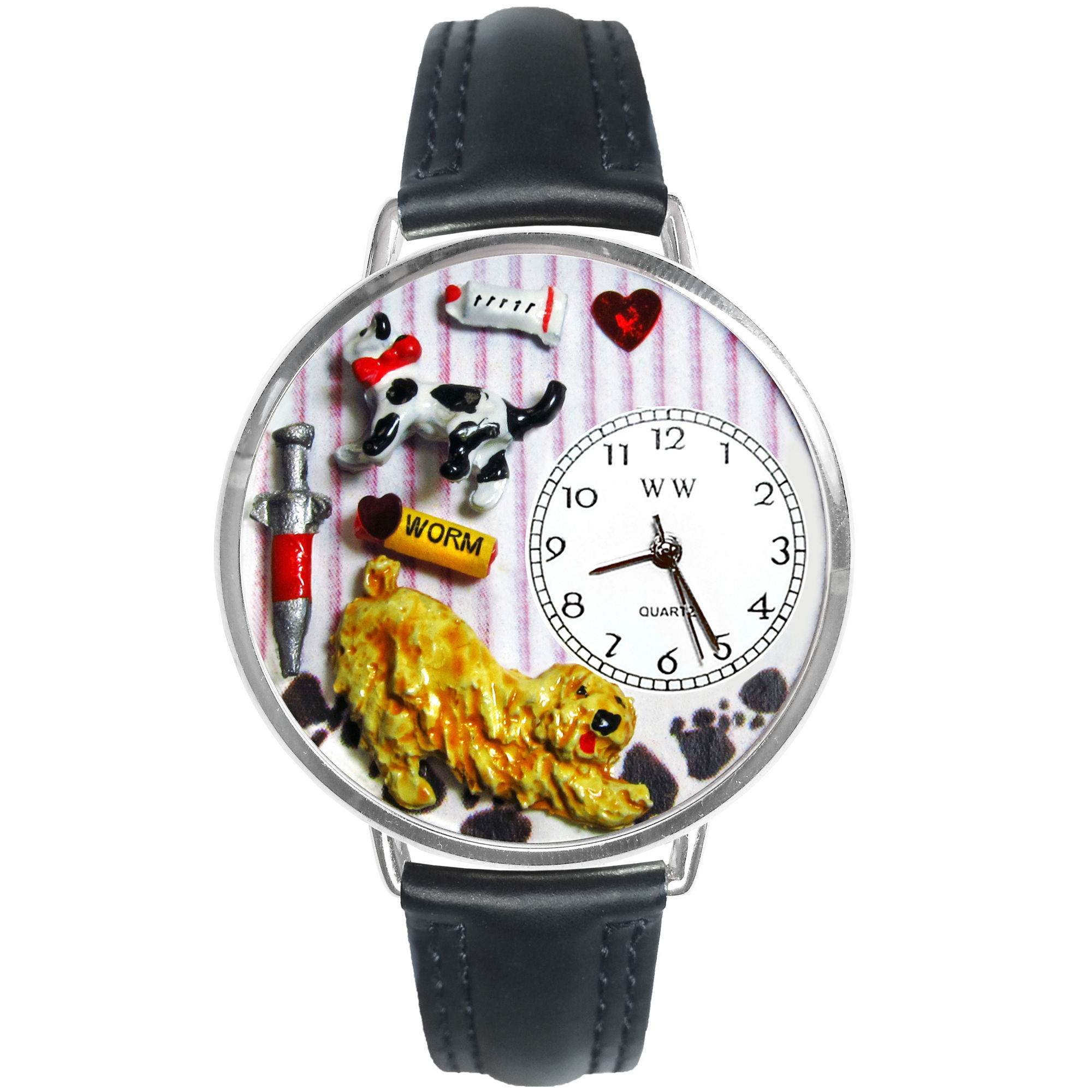 Whimsical Watches Personalized Veterinarian Womens Silver-Tone Bezel Black Leather Strap Watch