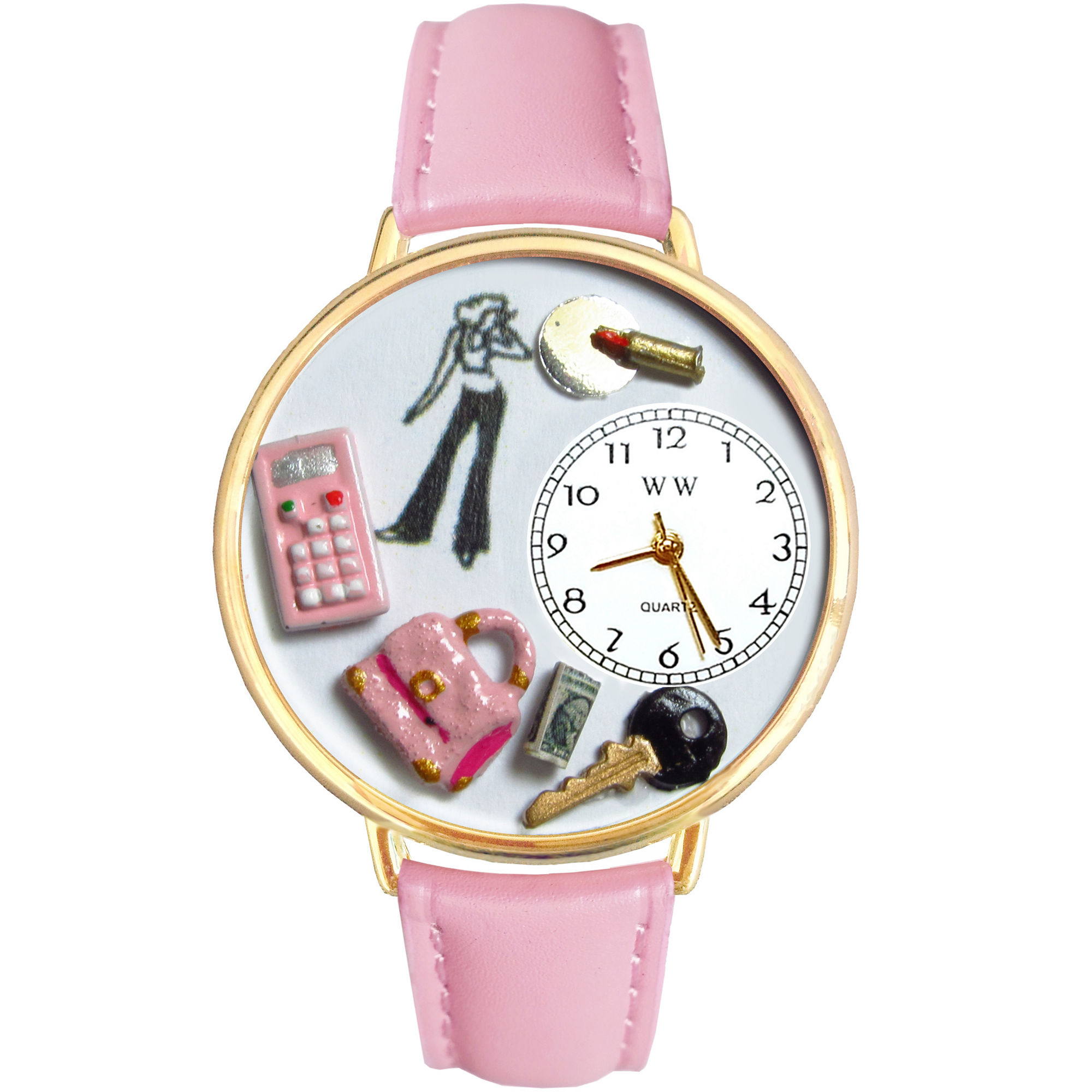 Whimsical Watches Personalized Teen Girl Womens Gold-Tone Bezel Pink Leather Strap Watch