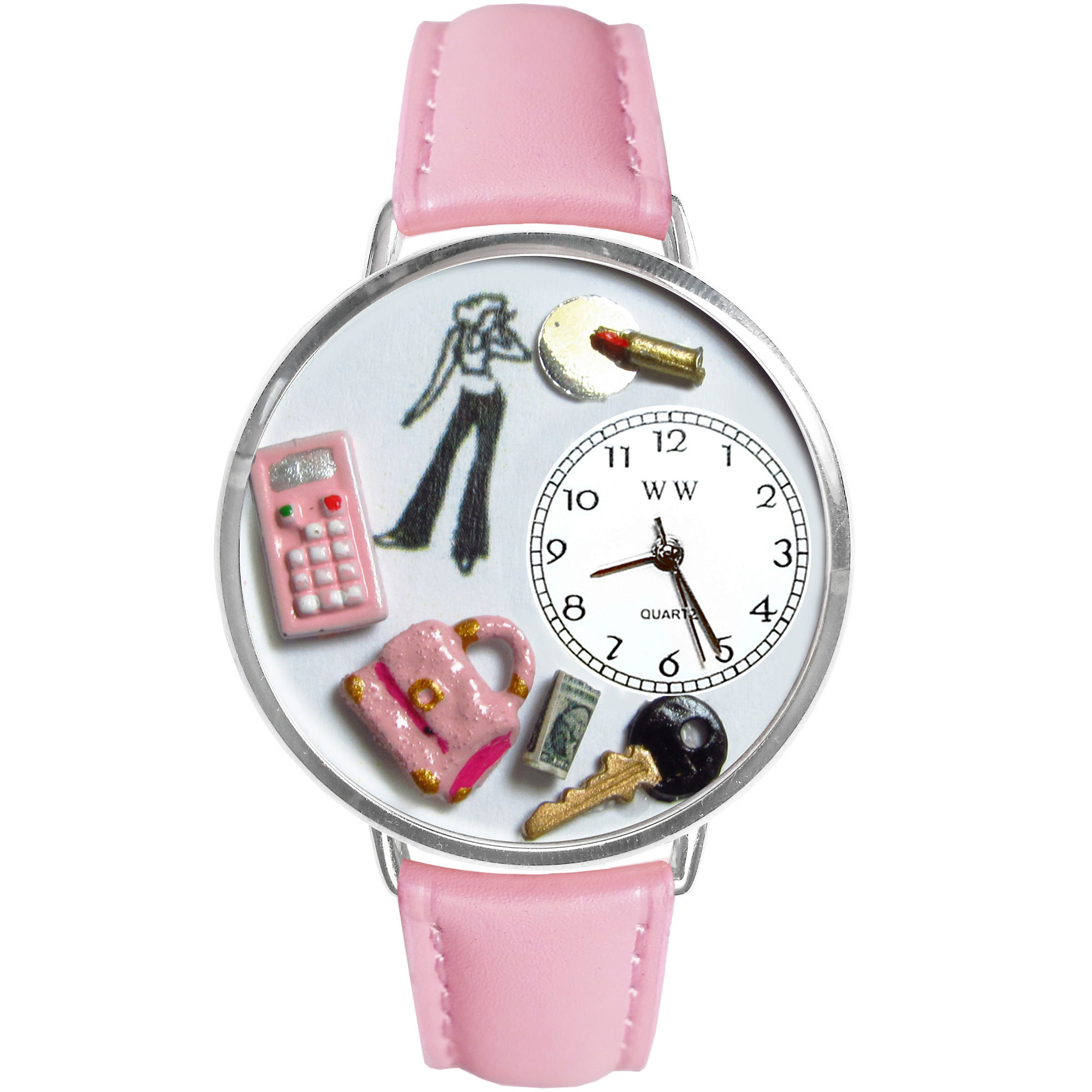 Whimsical Watches Personalized Teen Girl Womens Silver-Tone Bezel Pink Leather Strap Watch