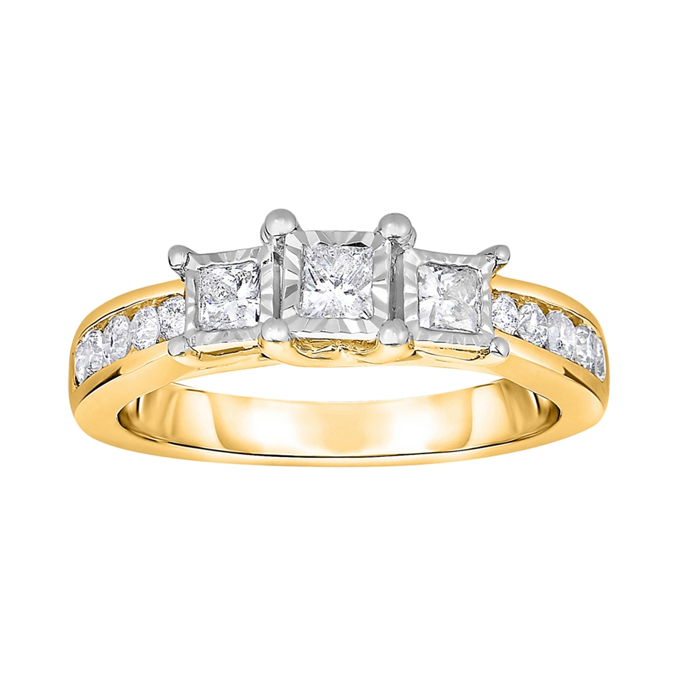 1 CT. T.W. Diamond 10K Gold Princess Cut 3 Stone Ring, Yellow, Womens