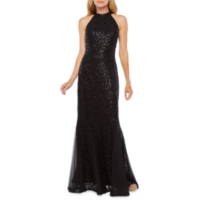 blu sage sleeveless glitter knit evening gown