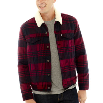 levi's men's sherpa trucker jacket red tibetan plaid