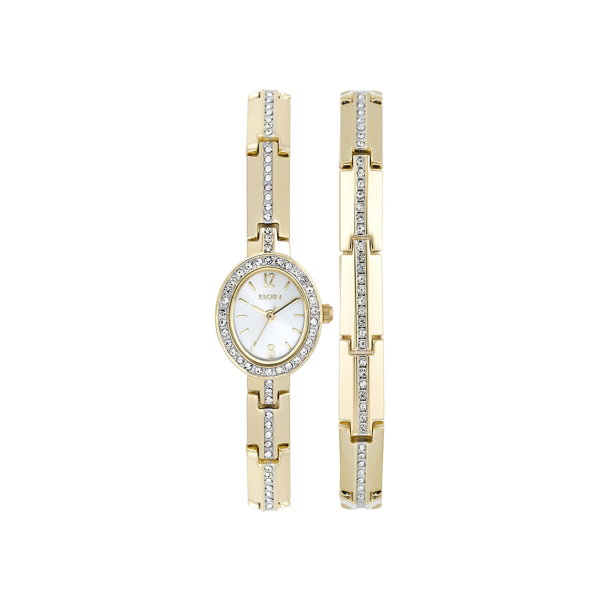 UPC 049353765556 product image for Elgin Womens Gold-Tone and Crystal Watch and Bracelet | upcitemdb.com