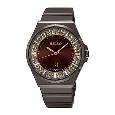Seiko® Womens Crystal-Accent Brown Stainless Steel Bracelet