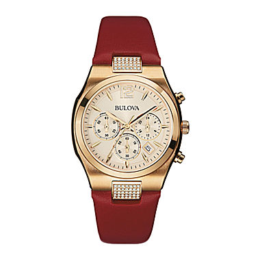 Bulova® Womens Crystal-Accent Red Leather Strap Chronograph