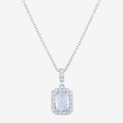 Jewelry Sterling Silver Rhodium-Plated Blue Square Created Opal w/CZ Pendant 