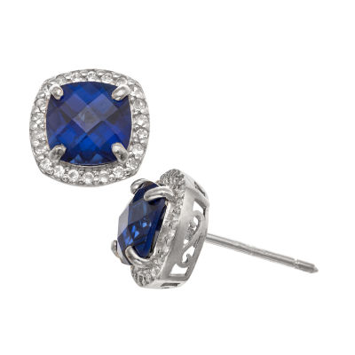 Sapphire Earrings Cluster Stud Sterling Silver Studs Rhodium Plated