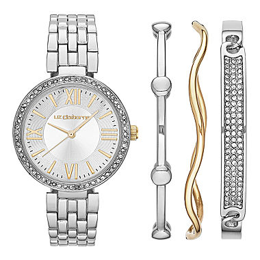 Liz Claiborne® Womens Crystal-Accent Silver-Tone Watch and