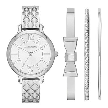 Liz Claiborne® Womens Silver-Tone Quilted Watch and