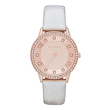 Liz Claiborne® Womens Rose-Tone White Leather Watch