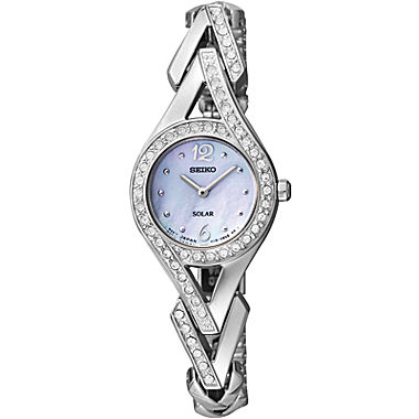 Seiko® Womens Silver-Tone Mother-of-Pearl Solar Watch SUP173