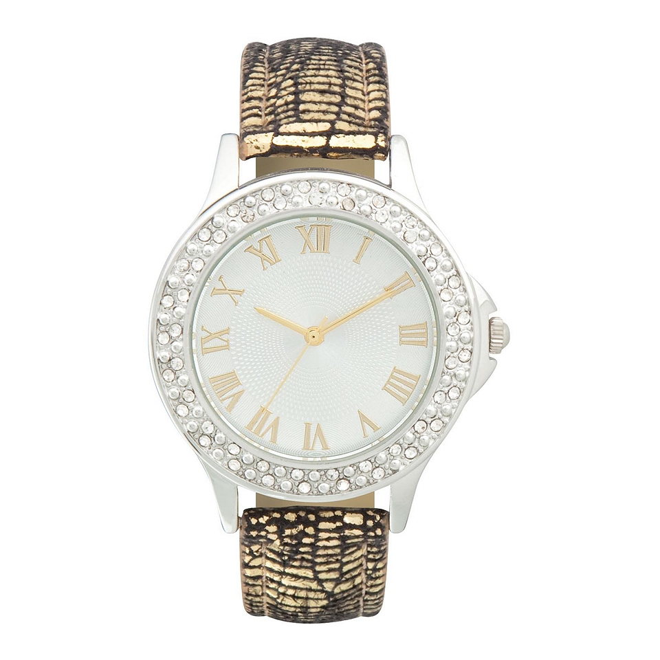 Womens Crystal Accent Bezel Glitz Strap Watch, Black/Gold