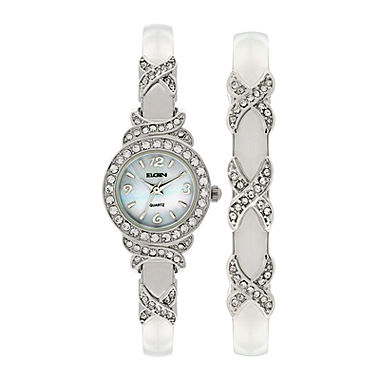 Elgin® Womens Silver-Tone Crystal Accent Bangle Watch