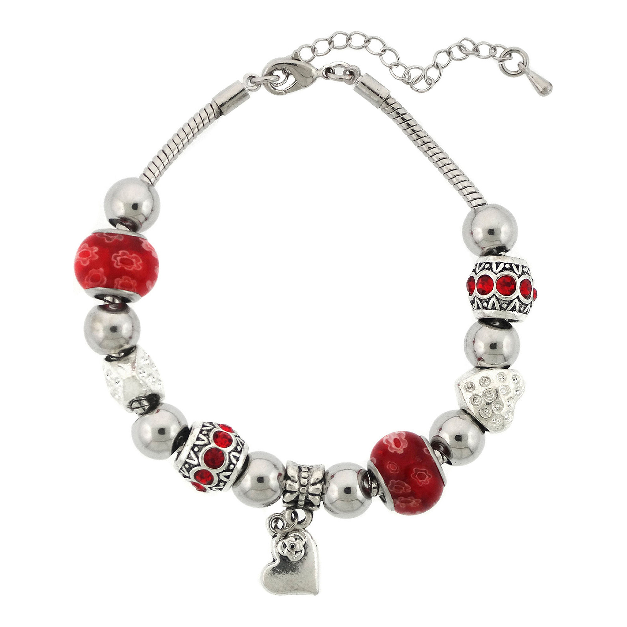 UPC 729881185902 product image for Silver-Plated Red Glass Bead Heart Charm Bracelet | upcitemdb.com