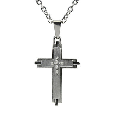 Mens Diamond-Accent Stainless Steel Cross Pendant Necklace