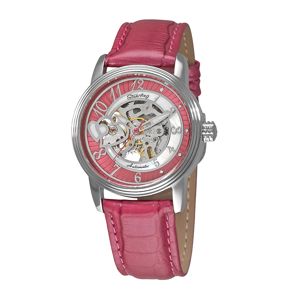 STUHRLING Womens Silver Tone Pink Automatic Watch