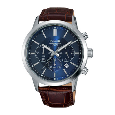 mens watch blue face brown leather