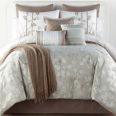 JCPenney Home Japanese Cherry Blossom 10-pc. Floral Comforter Set-JCPenney, Color: Sage Ivory