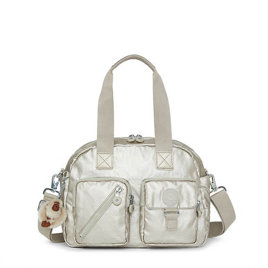 Defea Metallic Handbag,Silver Beige Snake,large