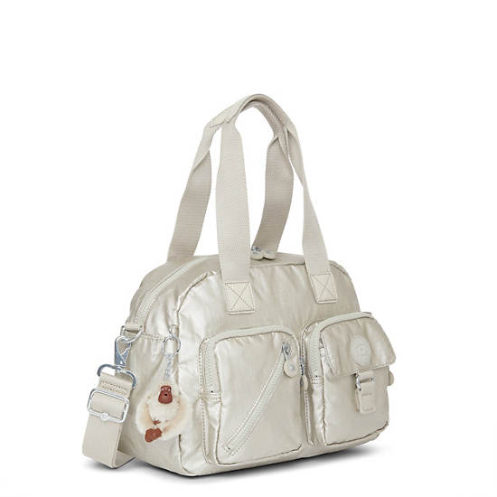 Defea Metallic Handbag,Silver Beige Snake,large