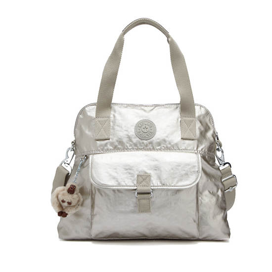 Pahneiro Metallic Handbag,Silver Beige,large