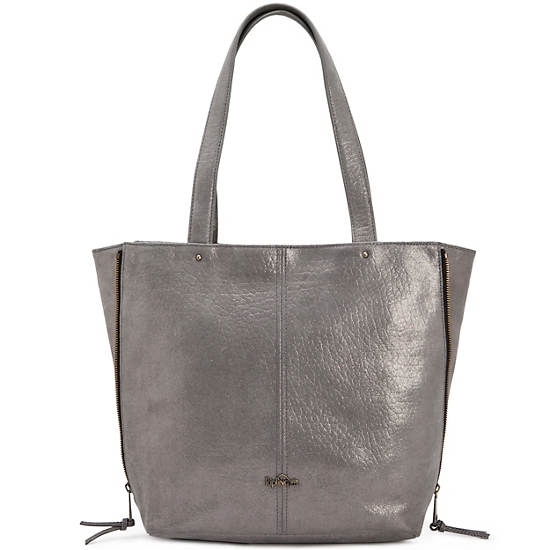 Hermine Leather Tote,Silver Leaf Metallic,large