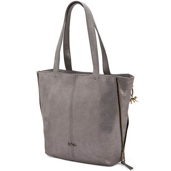 Hermine Leather Tote,Silver Leaf Metallic,large