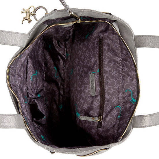 Hermine Leather Tote,Silver Leaf Metallic,large