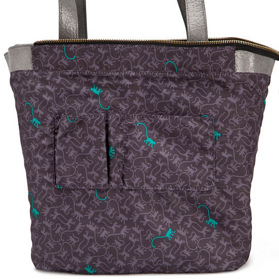 Hermine Leather Tote,Silver Leaf Metallic,large