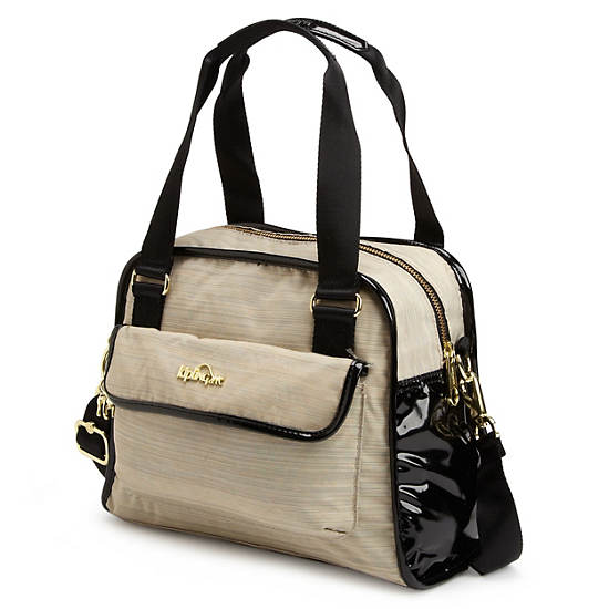 MAKAYLA COLOR BLOCK PATENT HANDBAG,Black Patent/Linen Combo,large