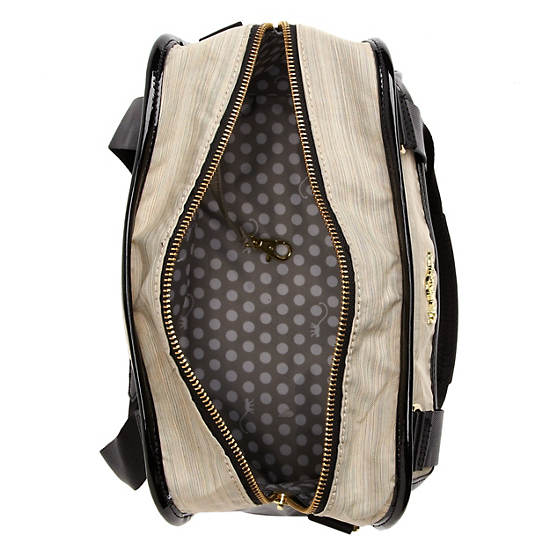 MAKAYLA COLOR BLOCK PATENT HANDBAG,Black Patent/Linen Combo,large