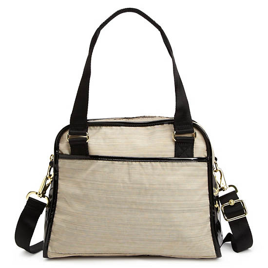 MAKAYLA COLOR BLOCK PATENT HANDBAG,Black Patent/Linen Combo,large